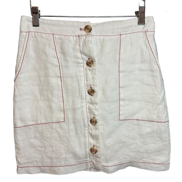 NWT Anthropologie Skirt Amadi Jupe Button Front Linen Boho Mini White Red‎ XS - Picture 1 of 8